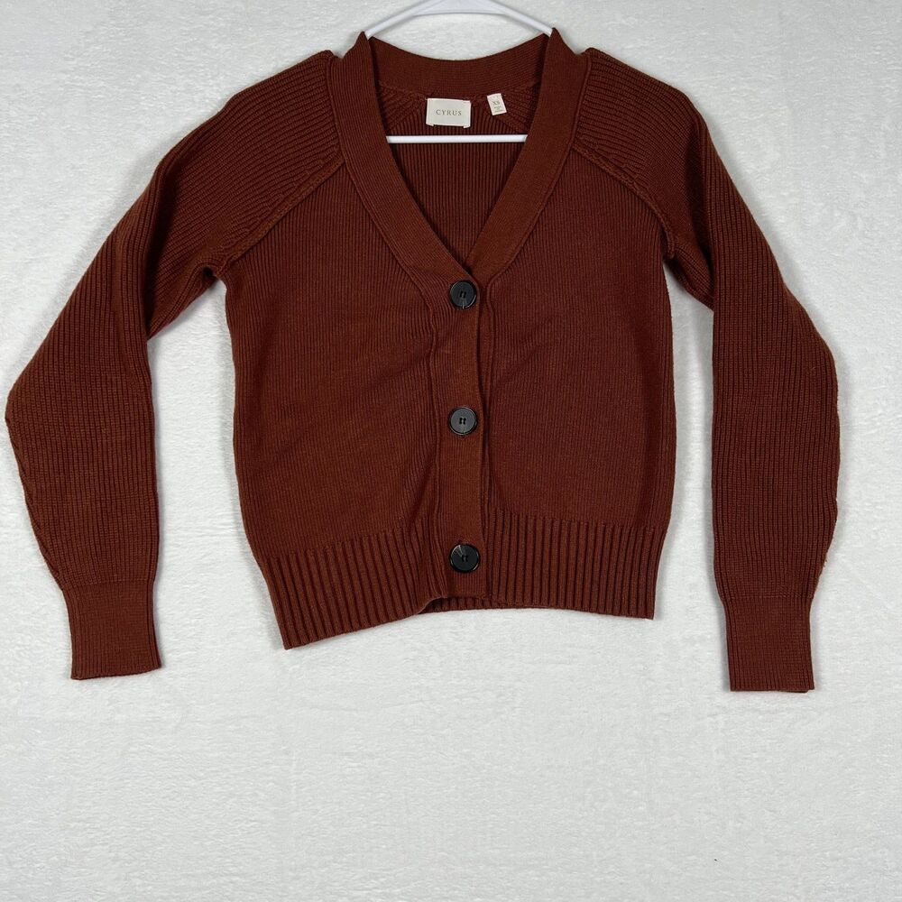 Cyrus Button Front Cardigan Sweater Womens Size XS Rust Ribbed Knit Cropped